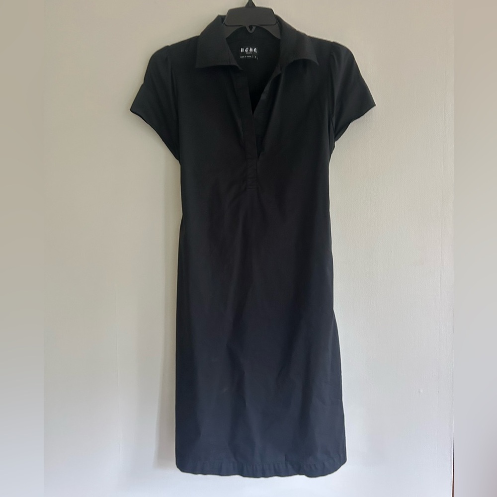 BCBG Paris Black Collared Shirt Dress Minimalist Capsule Luxury Stretch Cotton 6 - Picture 3 of 15